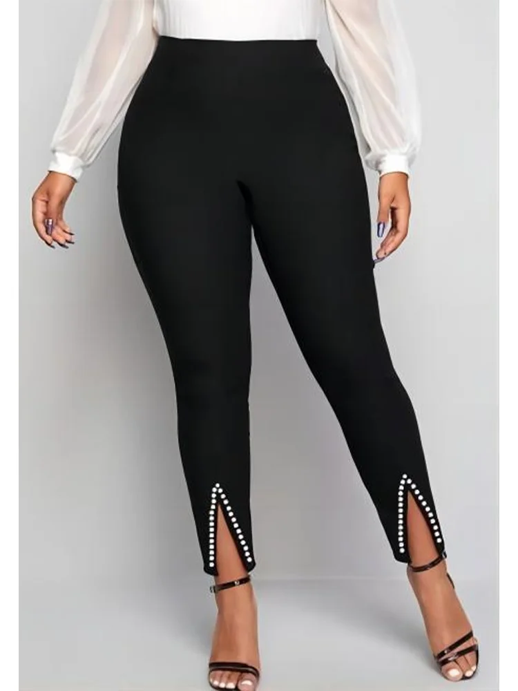 Fashion Casual Black Pencil Pants Women\'s Plus Size Slim Fit Style Nine-point Pants High Rise Stretch Split Hem Skinny Trousers