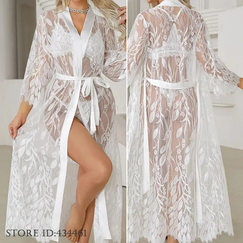 

Bride Wedding Robe Dress Sexy Perspective Lace Long Nightgown Kimono Bathrobe Gown Summer Female Sleepwear Loose Loungewear