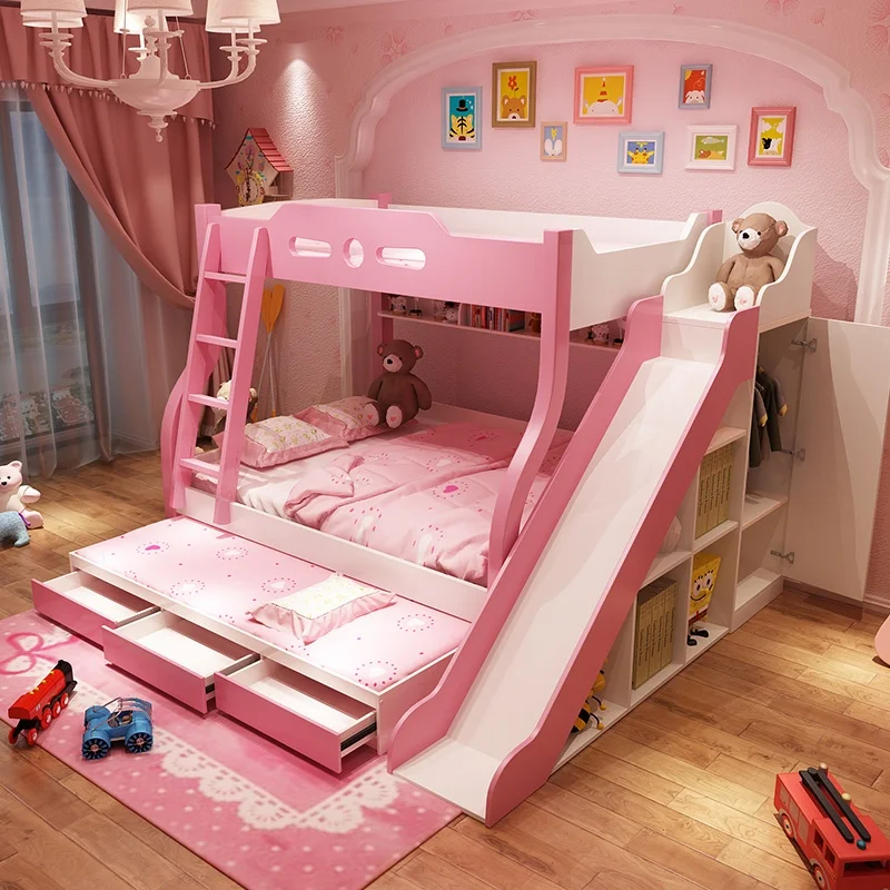 Tempat Tidur Tingkat Logam Ganda Model Tinggi Rendah dengan Seluncuran untuk Anak Laki-Laki dan Perempuan, Fitur Penyimpanan yang Dapat Disesuaikan untuk Aplikasi Furnitur Rumah