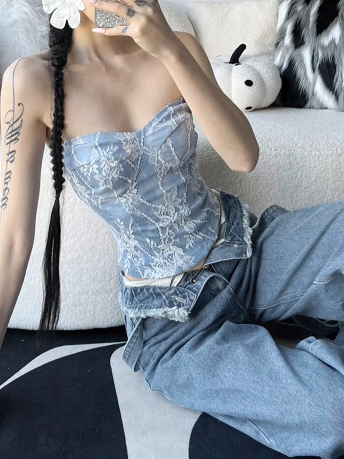 WEIRD PUSS Blue Lace Splice Tube Top Women's Irregular Slim Fit ort irt Street Sle Polyester Spandex Blend