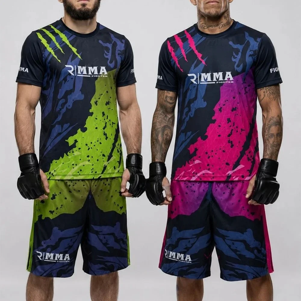 Conjunto de camiseta y pantalones cortos para la noche de combate de MMA para hombres y mujeres, 2027, conjunto de Muay Thai con jaula octogonal, conjunto de entrenamiento de boxeo, fitness y correr