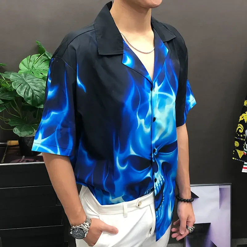 Flame Skeleton Printing Short Sleeve Shirts Camisa Hombre Summer Short Sleeve Loose Lapel Shirt Camisa Social Masculina Club