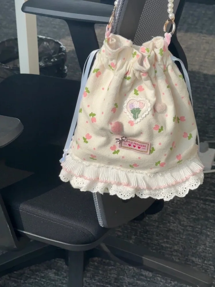 Korean Sweet Lace Floral Pearl Drawstring Handbag Bags 2024 Women Commute Bucket  Bag