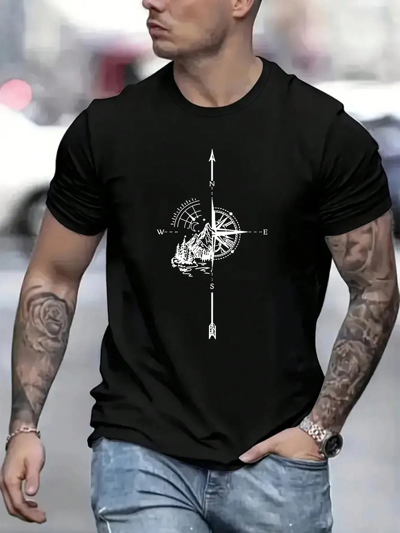 

Men's All-Season Compass Graphic T-Shirt - 100% Cotton, Casual Short Sleeve, Black with White Compass Design, Machine Washable,