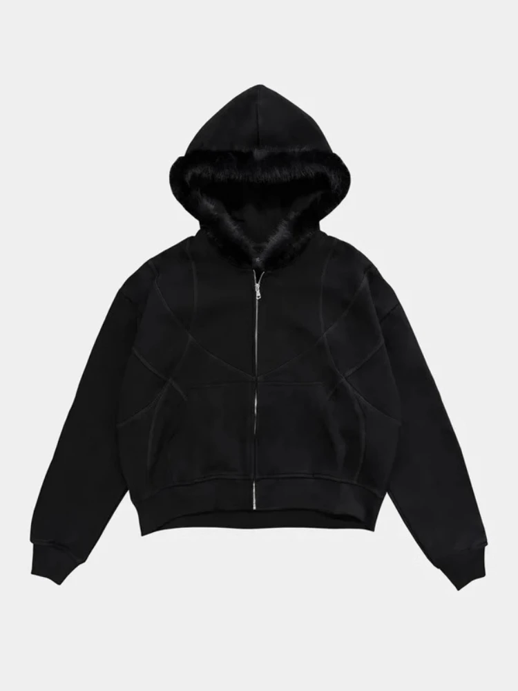 Vintage Street Hoodie Men's Autumn Winter Black Zip Up Hooded Jacket Fur Collar Stitching Design Short Loose Fit Y2K Outfit