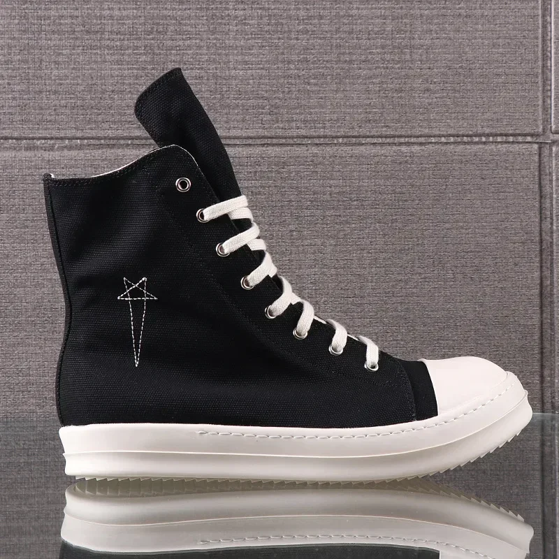

24ss Designer Brand Rick Canvas Shoes Pentagram Embroidery Owens Shoes For Women Lace-up White High-Top Casual RO Male Sneakers