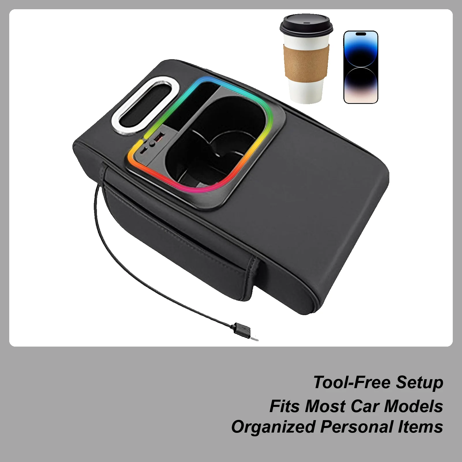 

Car Armrest Cushion Cup Holder Tissue Cover Box With Side Pocket Ambient Light USB Port Heightening Mat Car Center Console