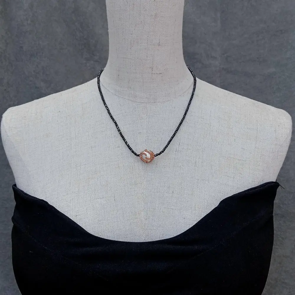 Y.YING Natural Black Spinel Faceted Cultured White Keshi Pearl Golden Crystal Pave Necklace Gemstone Jewelry