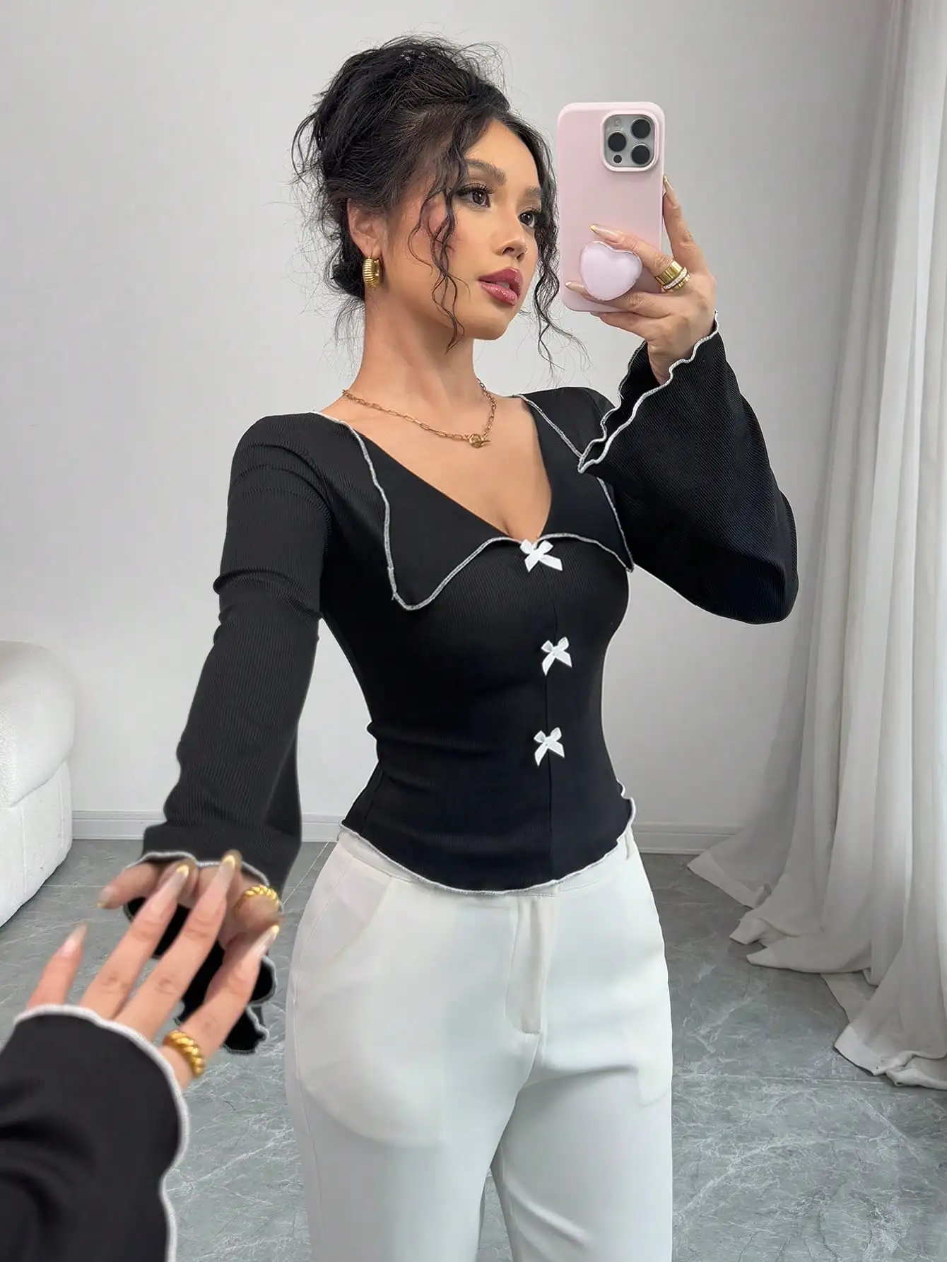 Automne nouveau style polyvalent à la mode petit nœud col ouvert femmes élégantes à manches longues une pièce