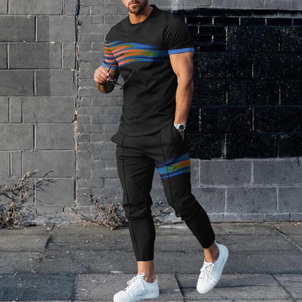 Men Summer T Shirt Pants Sets Print Tracksuits Oversized T-shirts Sweatpants Suits Male Sportswear Trousers Outfits Men Clothing