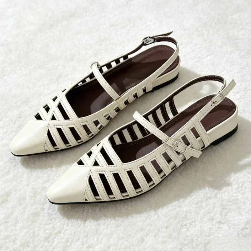 Fashion Hollow Narrow-band Pointed-Toe Flat Sandals Women Adjustable Buckle Designer Shoes Street-Style Comfortable Women Shoes