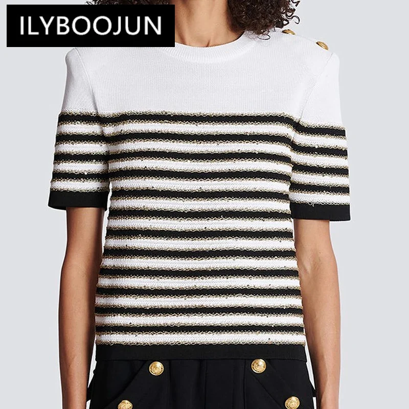 SML High-quality Fashionable Elastic Knitted Fabric With Striped Button Decoration Short Sleeved Loose Fitting Women's Pullover