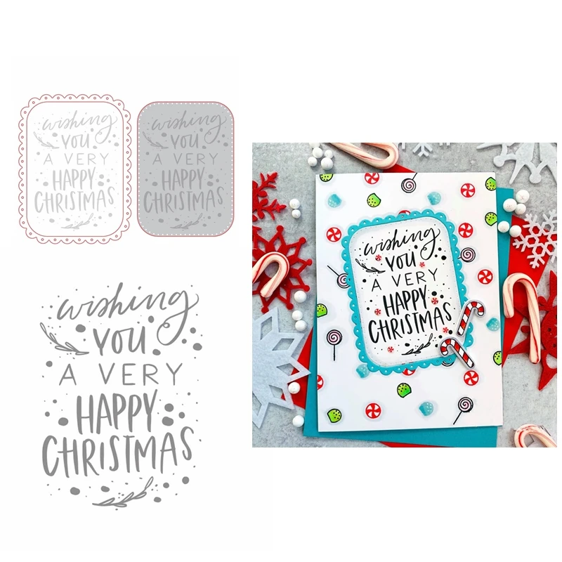 

Wishing You a Very Happy Christmas Clear Stamps Metal Cutting Dies Frame for DIY Scrapbooking Paper Card Album Making Template