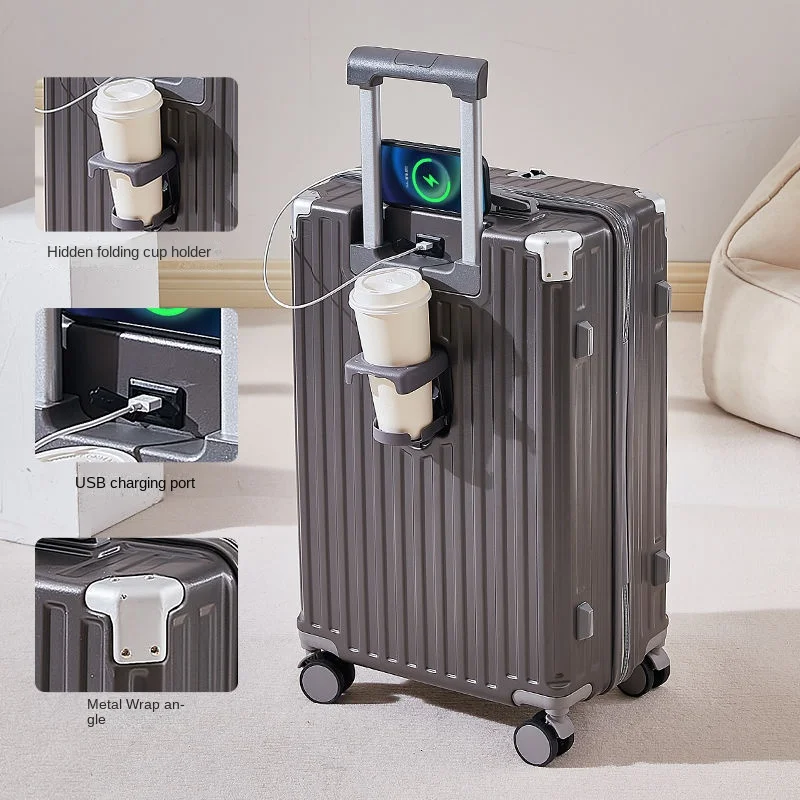 Multifunction Travel Password Suitcase Large Capacity Luggage with USB Cup Holder Trolley Case Female Boarding Male Travel Bags