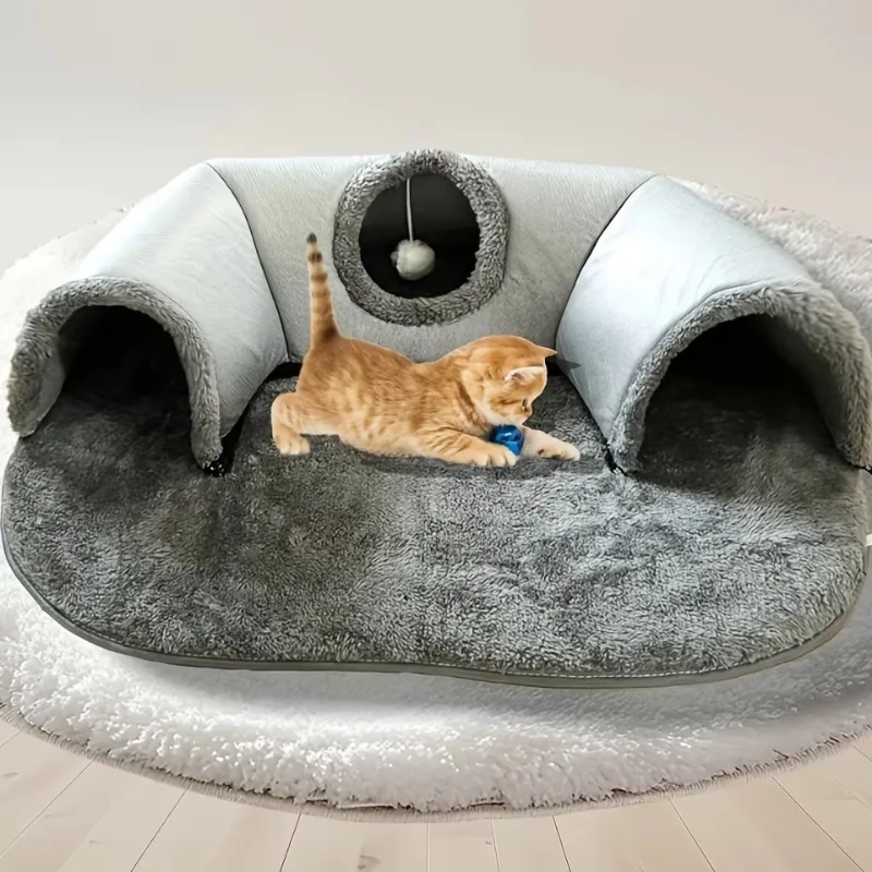 

3-in-1 Comfortable Cat Tunnel Bed Play Mat and Warm Bed with A Non-slip Base and Breathable Design for Pet Supplies