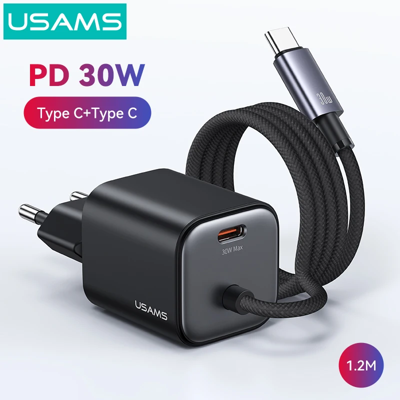 

USAMS PD 30W GaN Fast Charger Type C USB Charger for iPhone With 1.2m Cable Portable Charger for Laptops for Samsung Xiaomi