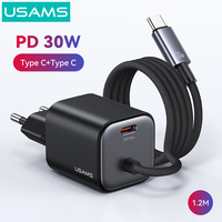 USAMS PD 30W GaN Fast Charger Type C USB Charger for iPhone  With 1.2m Cable Portable Charger for Laptops for Samsung Xiaomi