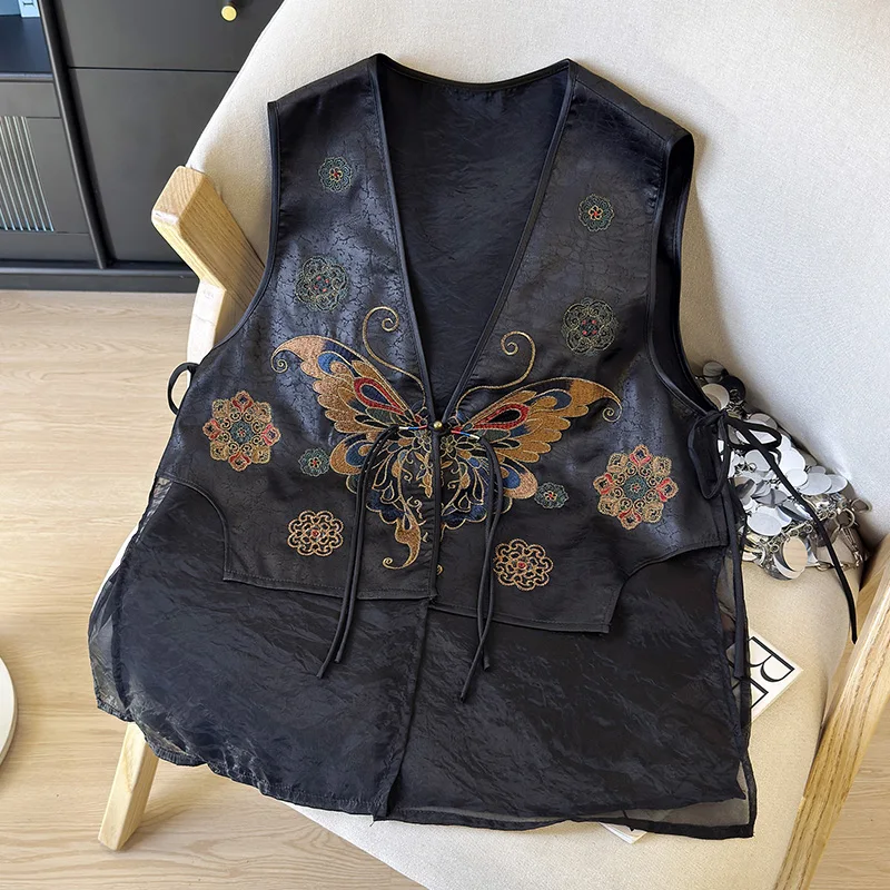 2026 New Chinese Style Butterfly Embroidery Silk Organza Gambiered Silk Vest Women Frog Buttons Handcrafted Summer
