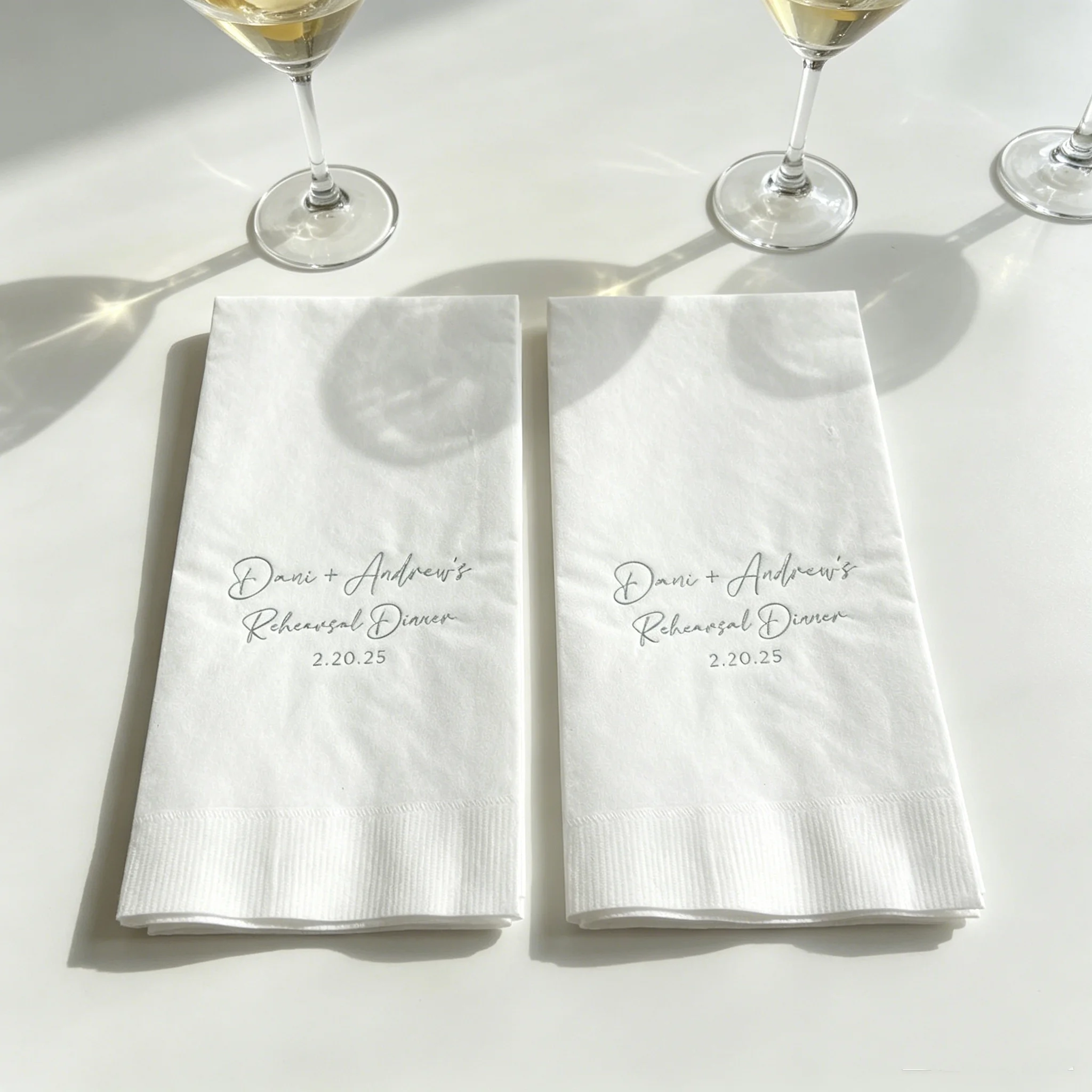 

50pcs Personalized Rehearsal Dinner Napkins, Custom White Napkins with Sage Green Names & Date for Wedding Rehearsal, Engagement