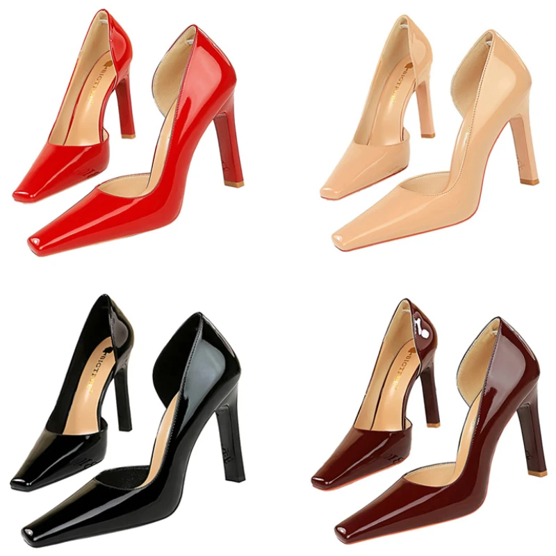 Women 11cm Super High Heels Square Toe Side Hollow Office Pumps Lady Red Nude Glossy Patent Leather Concise Holiday Dress Shoes