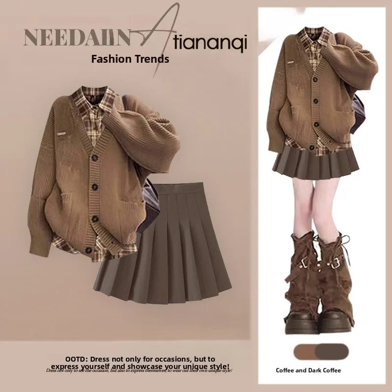 

Casual Autumn Set Women's Mermaid Knitted Sweater irt Underwear Plaid Skirt Tee-piece Set Faionable Versatile Ensemble