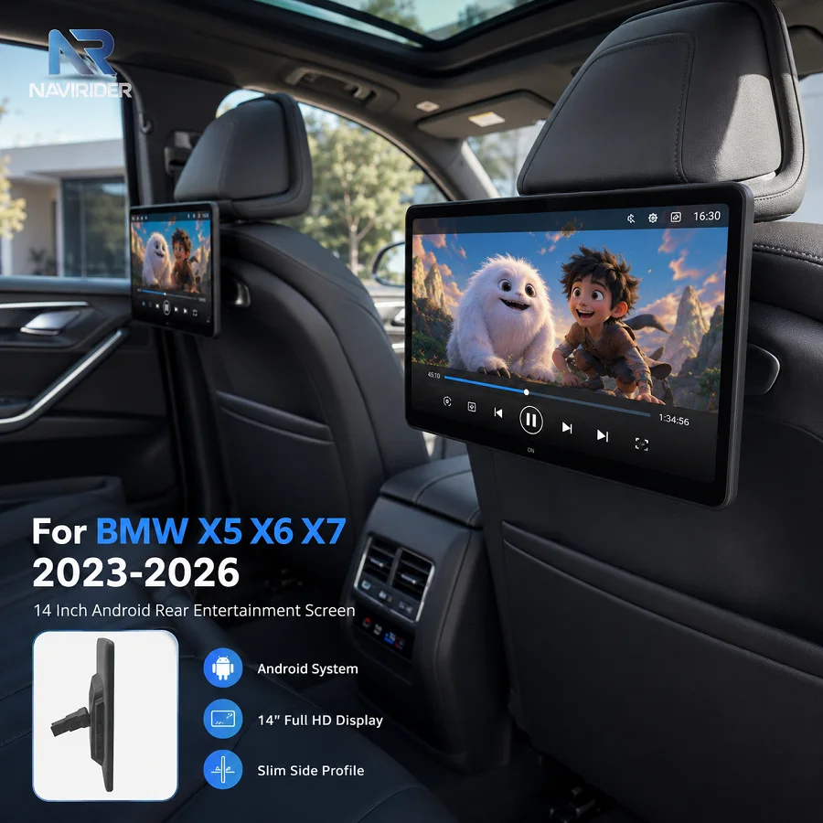 

T For BMW X5 X6 X7 2023 2026 14" 4K Android Smart Multimedia Screen Car Headrest TV Rear Seat Entertainment Monitor Bluetooth