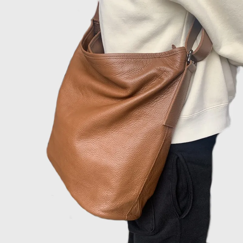 Casual Large Capacity Tote Bags For Women Soft Genuine Leather Slouchy Cowhide Handbag Female Single Shoulder Crossbody Big Bag