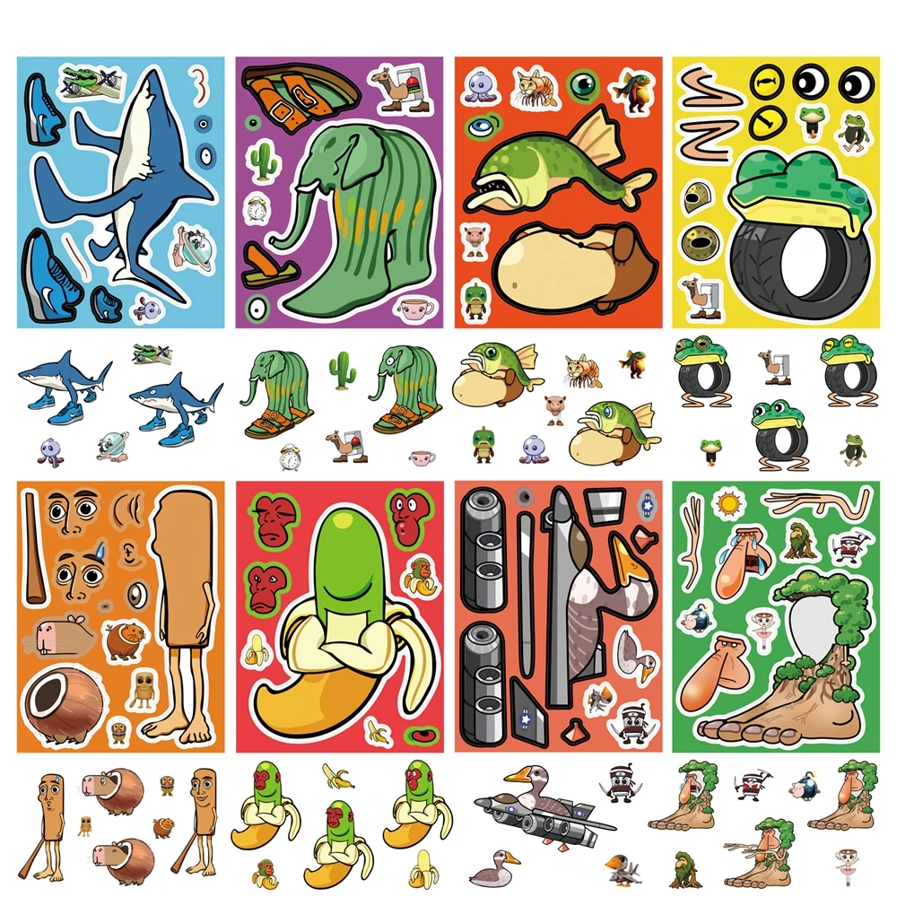 8/16 Sheets/set Abstract Animal DIY Make a Face Puzzle Stickers Tung Tung Sahur Italian Brainrot Animals Decal Assemble Kid Toys