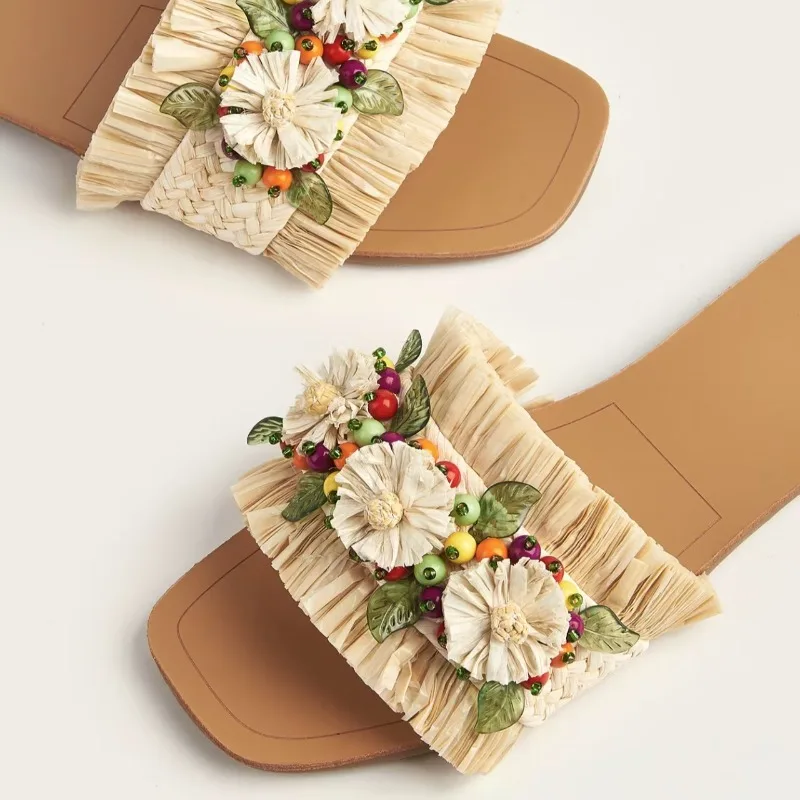 

Тапочки абрикосового цвета с цветочным декором для лета на открытом воздухе, новая женская обувь больших размеров, пляжная обувь с квадратным носком и плоской подошвой