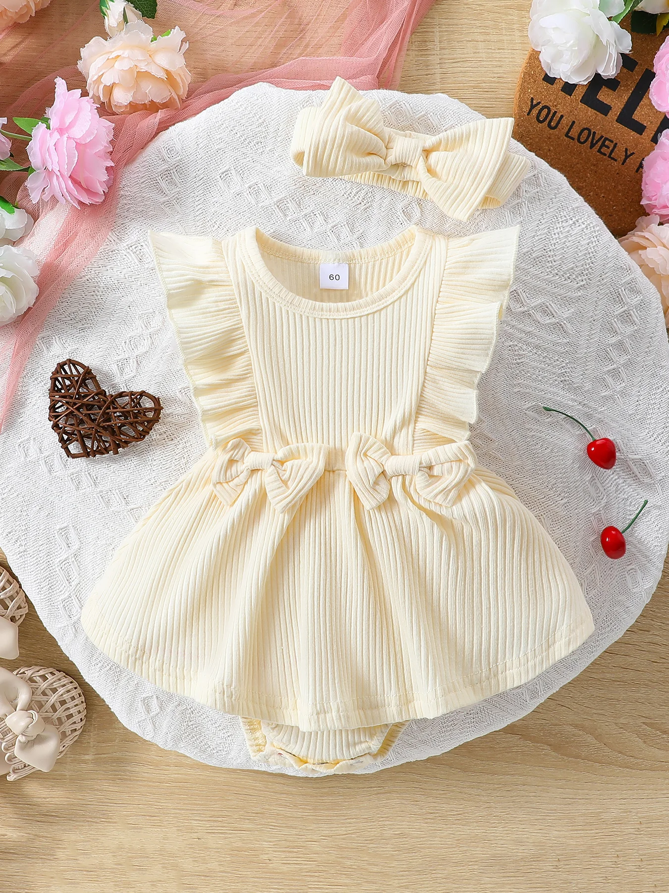 Listenwind Baby Girl Summer 2Pcs Outfit Solid Ribbed Ruffled Sleeveless Bow Romper Dress with Headband For 0-18 Months