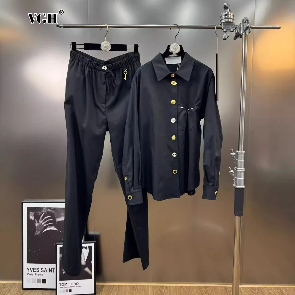 

VGH Chic Spliced Metal Buckles Two Piece Set for Women Lapel Long Sleeve Top High Waist Patchwork Drawstring Pants Suit Female
