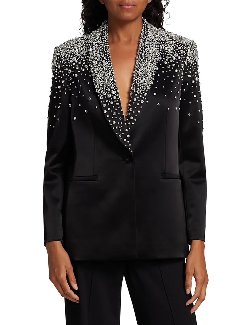 Traje negro de cristal de lujo para mujer, conjunto de pantalón, Blazer + pantalón, esmoquin de boda, un botón, vestido Formal para madre, invitados, graduación, hecho a medida