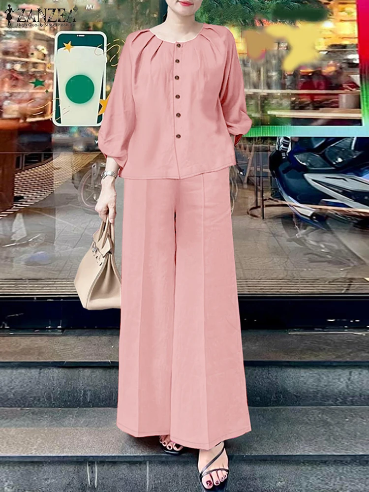

ZANZEA 3/4 Sleeve Pleated Blouses Solid 2pcs Outfits Casual Elegant Wide Leg Pants Chic Pant Sets Spring Women 2-Pieces Sets