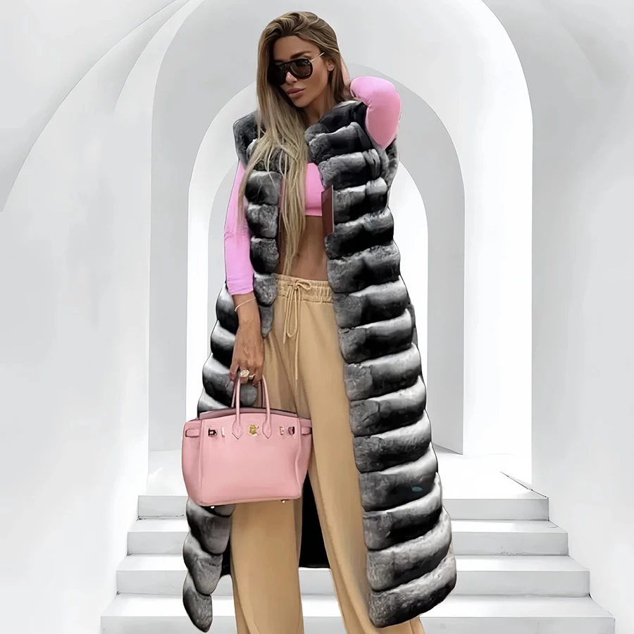 المرأة الشتاء الفراء أكمام ريال طويل ريكس الأرنب الفراء جيليت للنساء ريكس شينشيلا الفراء سترة طويلة امرأة المرأة الفراء سترة