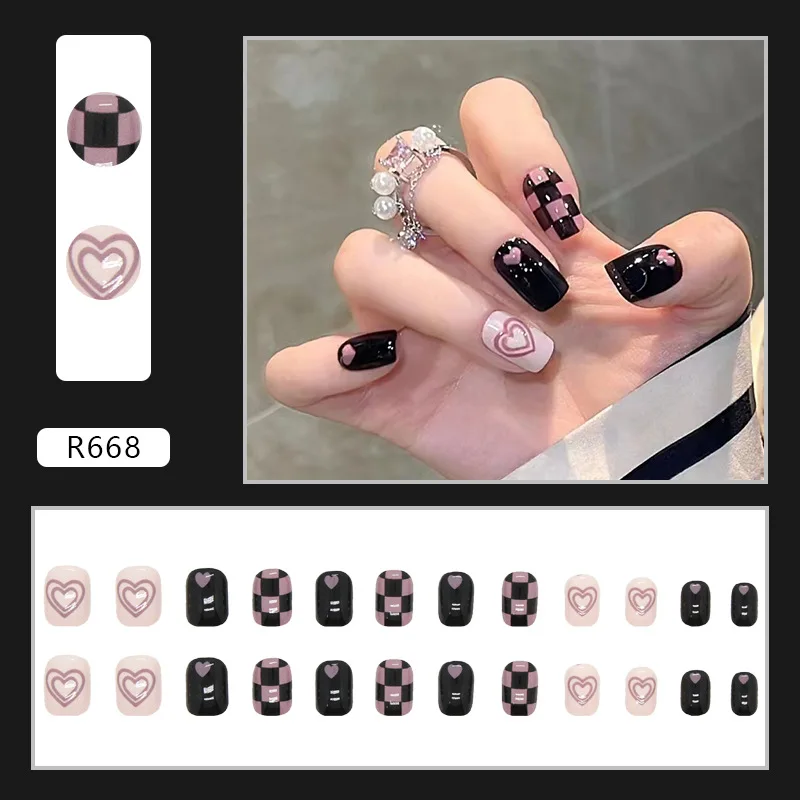 Juego completo de manicura para uñas postizas, Set de 24 piezas de uñas postizas artísticas de corazón de amor, colores negro y rosa