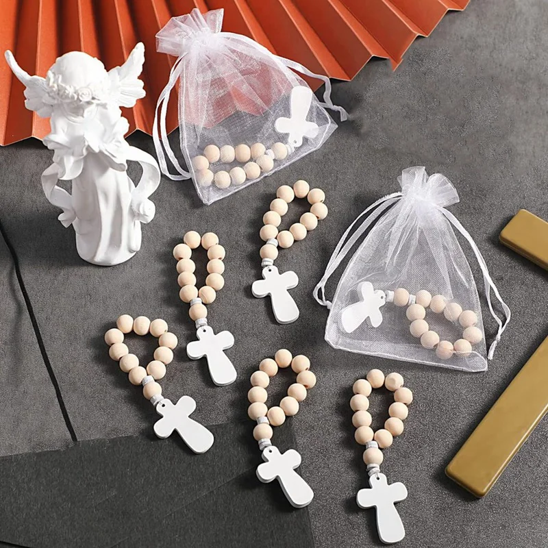 60 Pcs Wooden Rosary With Mesh Bags Wood Rosary Beads For Baptism First Communion Confirmation Bridal Shower Baby Shower