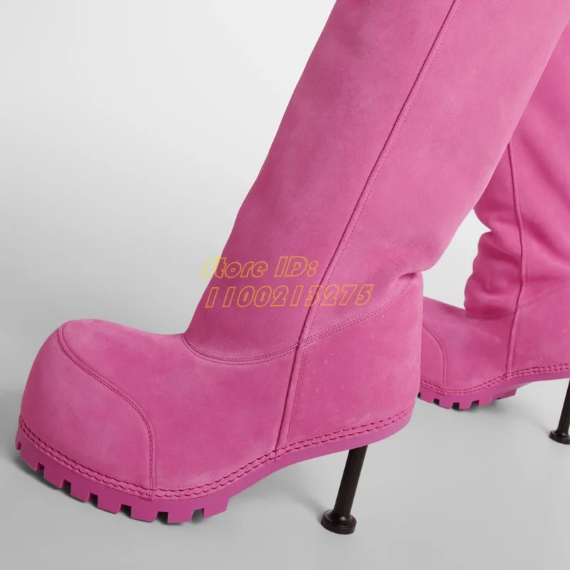 

Rosy Fur Lining Snow Boots Stiletto High Heel Round Toe Rubber Anti-slip Sole Hot Sale 2024 Knee High Women Boots