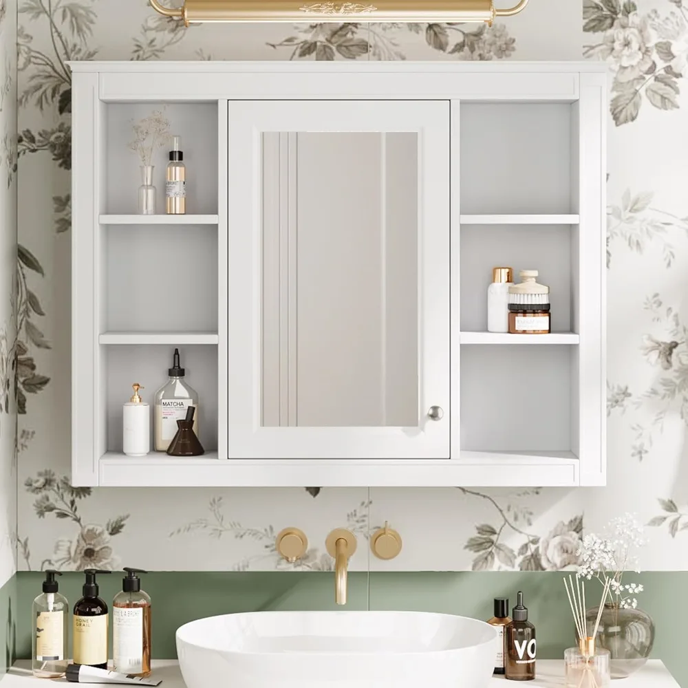 Bathroom Medicine Cabinet with Mirror, 35" x 27.5" Wall Mounted Medicine Cabinet with Single Door and Shelves, Over The Toilet