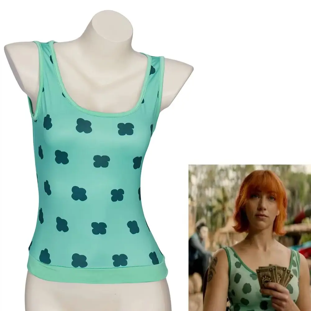 

In Stock Pirate Nami Live Action Cosplay Costume Girls Green Slip Top Sleeveless T-shirts Women Nami Summer Beach Costume