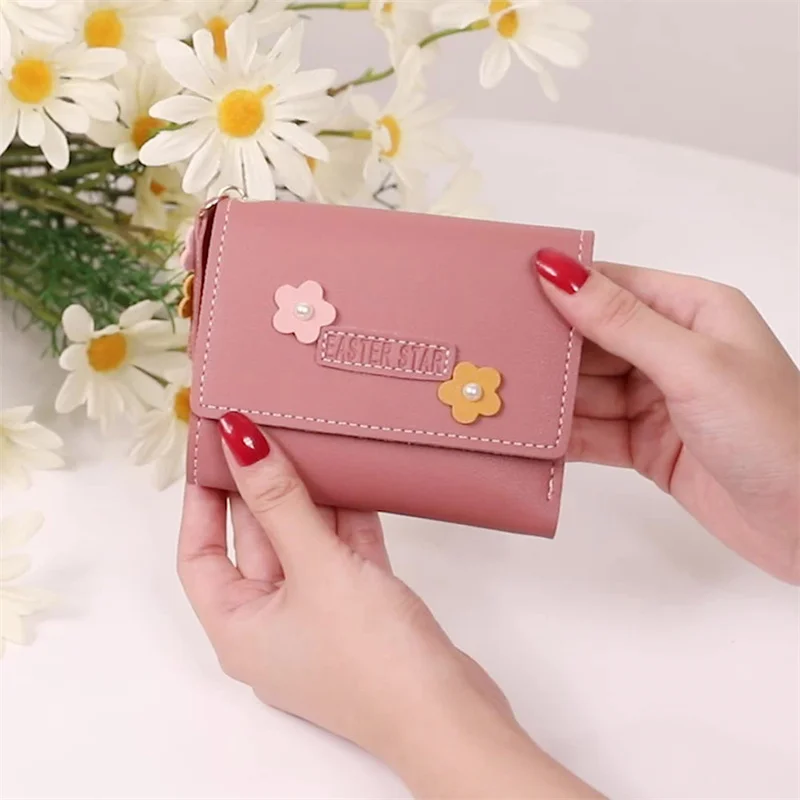 Cute Small Wallet For Girls Women Tri-folded Wallet Cash Pocket Flowers Leather Card Holder Student Coin Purse