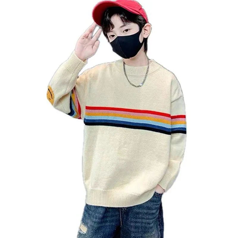 Korean Boys Colorful Striped Sweater Autumn Kids Knitwear Clothes Outerwear Teen Casual Pullover Multi-colored Striped Sweater