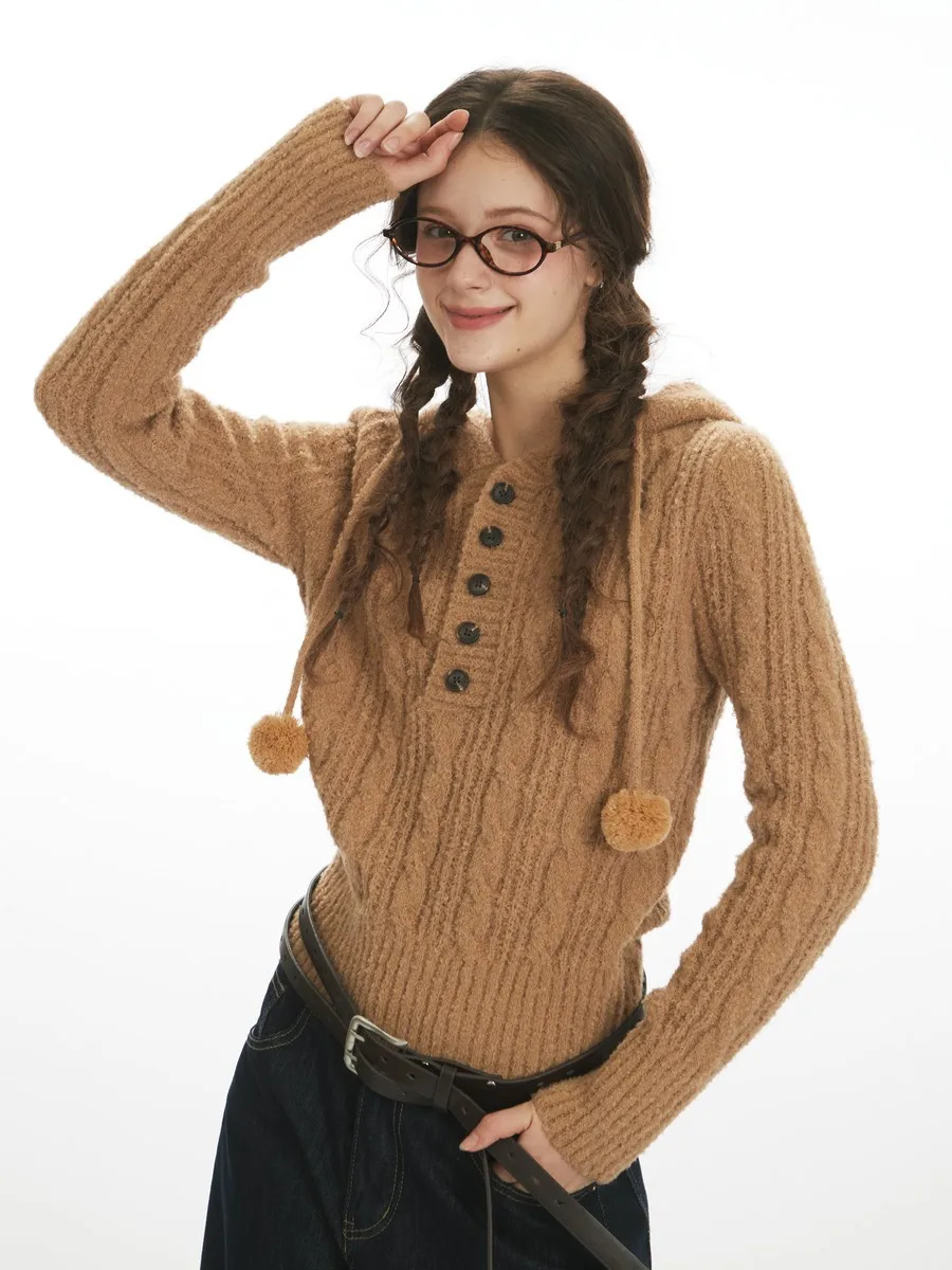 

Hairy Balls Slim Fit Hooded Khaki Sweaters Knitted Trending Women Girls' Winter Clothes Elegant Long Sleeve Tops Pullovers New
