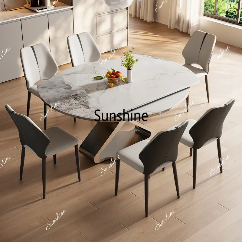 Retractable circular rock slab dining table and chairs Small apartment dining table