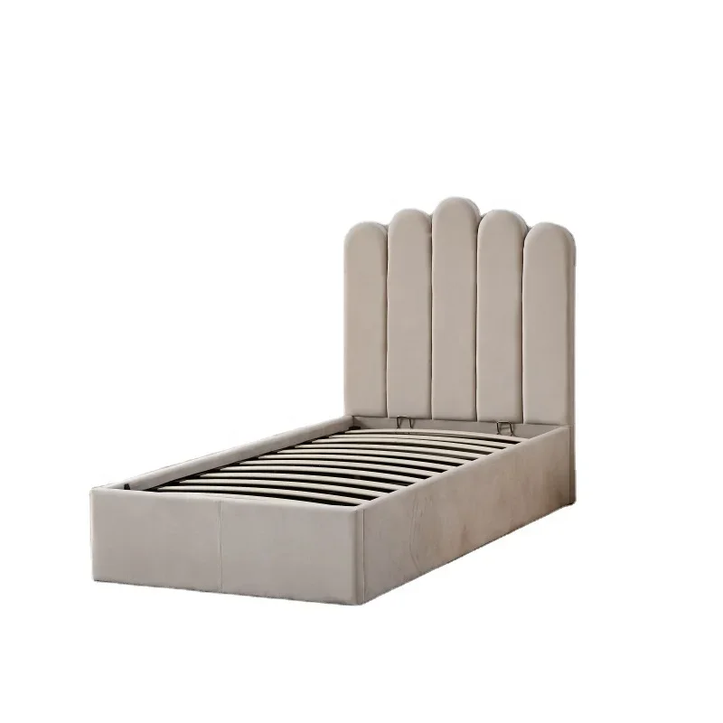 Girls Room Finger Shape Velvet Fabric Luxury Single Kid Bed Hydraulic Lift Storage Princess Single Kids Twin Bed