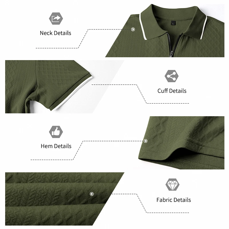 Sommer Herren Casual Business Kurzarm 9-Farben Jacquard 1/4 Reißverschluss Poloshirt | Strukturiertes Polo-Top mit Reißverschluss und kurzen Ärmeln – Detail 13