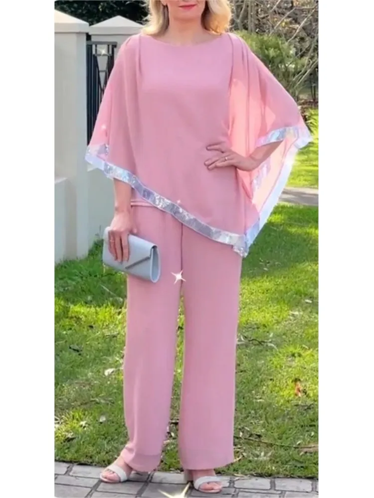 

Women Casual Two-piece Suit O-neck Top Pants Sets Summer Fashion Sequin Bat Sleeve Top Wide Leg Trousers Set Women 2 Piece Set