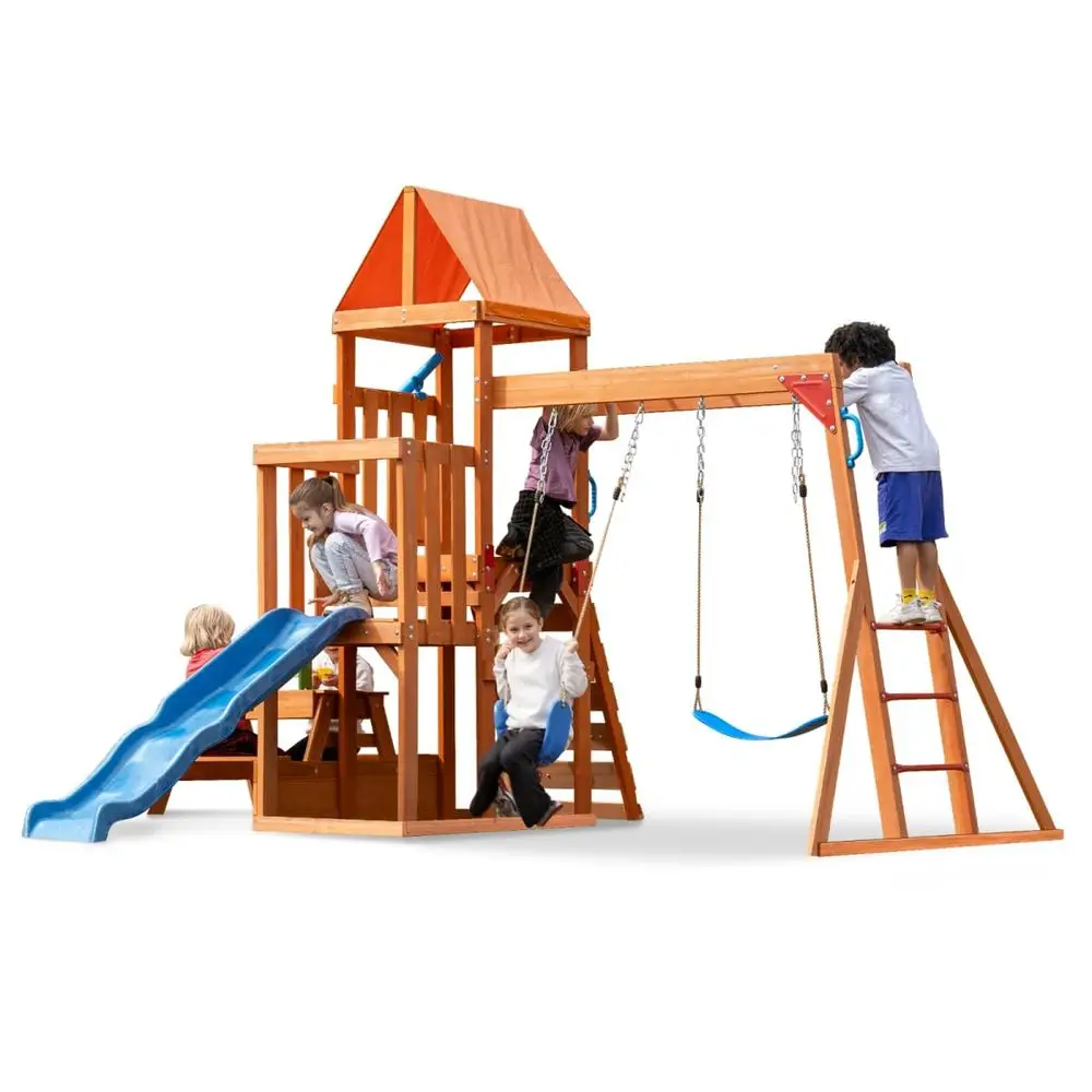 

Playground Wooden Swing Sets for Backyard with Monkey Bar, Outdoor Playset for Kids with 2 in 1 Outdoor Table, Wave Slide, Clim