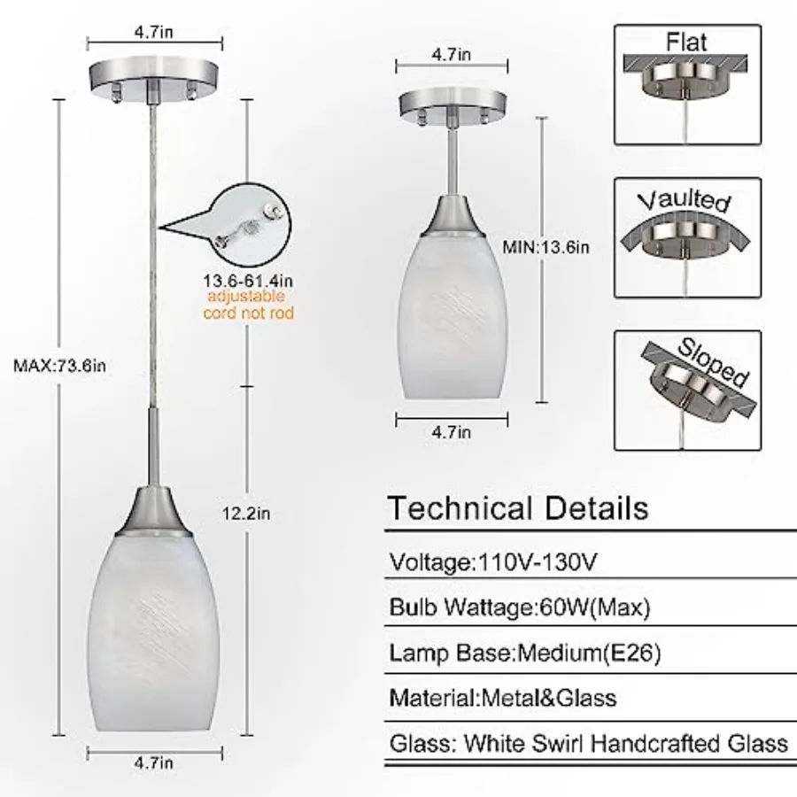 Mini Glass Pendant Light 1-Light with Handblown Swirl Art Glass Adjustable Cord Brushed Nickel Finish 4.72