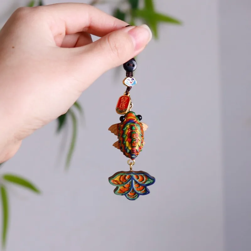 Hand Carved Wooden Rainbow Goldfish Keychain - Lucky Fish Charm Key Ring, Traditional 