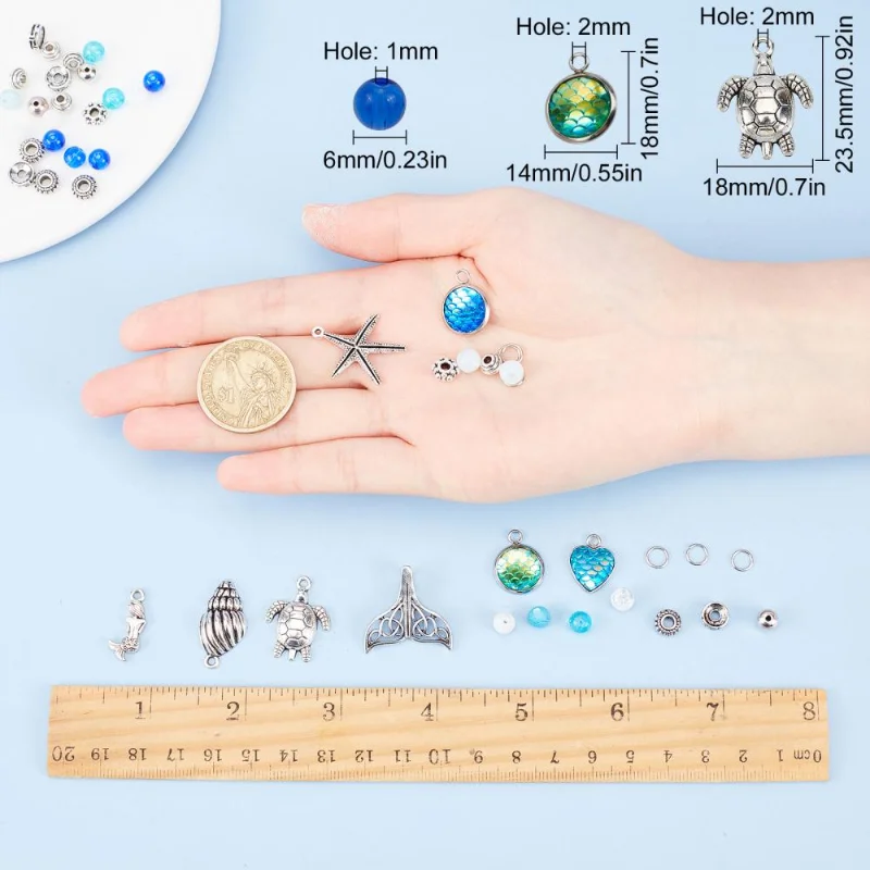 DIY Ocean Theme Bracelet Making Kits Mixed Glass Loose Spacer Beads Metal Pendants with Elastic Crystal Thread Jewelry Findings
